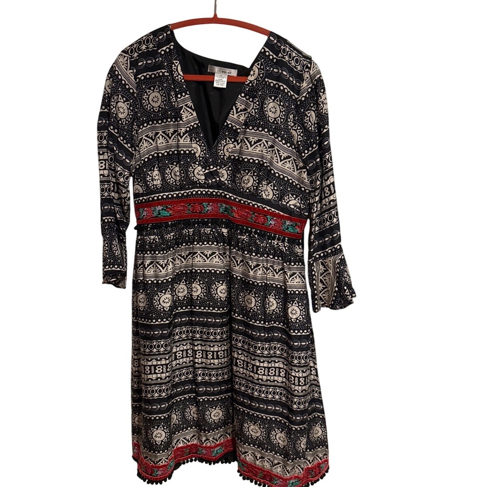 WD-NY 100% Silk Geometric Medallion Print Dress Black Red Velvet Trim Size 14